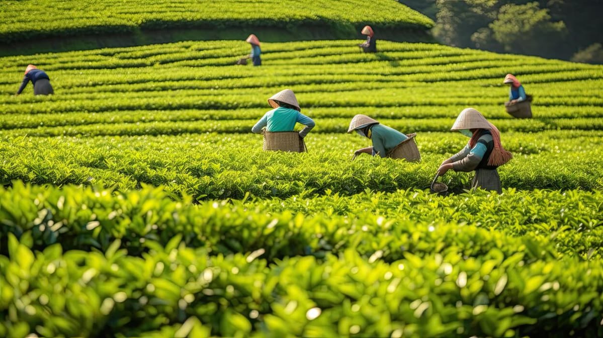 Pemetik teh memanen daun segar di kebun teh berteras yang tersinari matahari