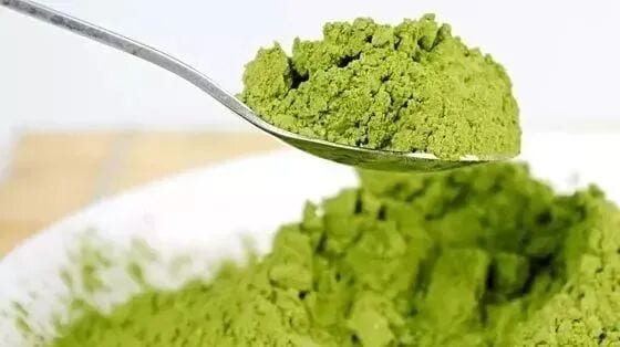 Bubuk matcha hijau halus di atas sendok